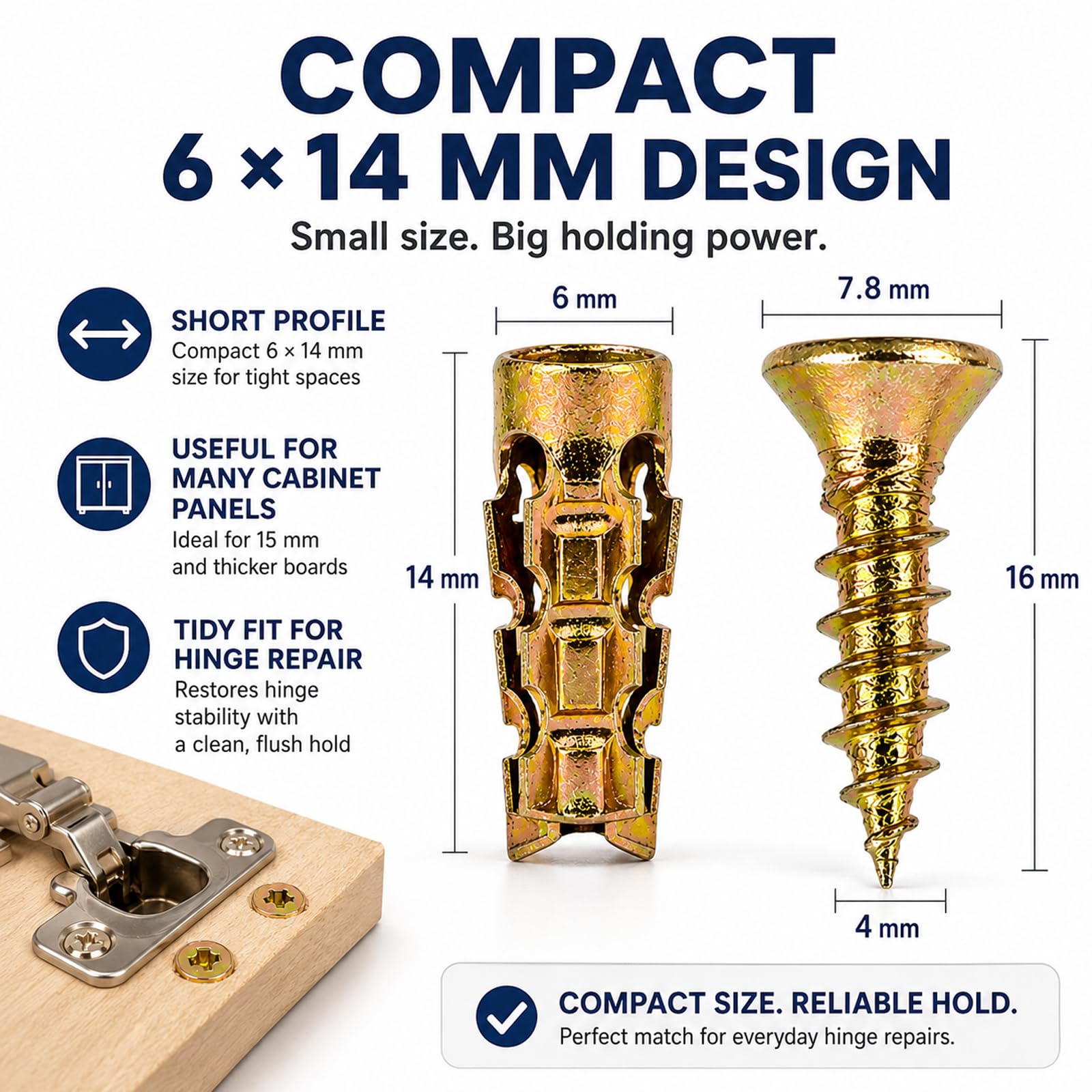 6x14mm Short Expansion Screw Set For Cabinet Hinge Repair – Zinc-Plated Metal Anchors For Stripped Holes In Wood, Tile, Concrete & Drywall (Gold, 200-Piece With Storage Box)