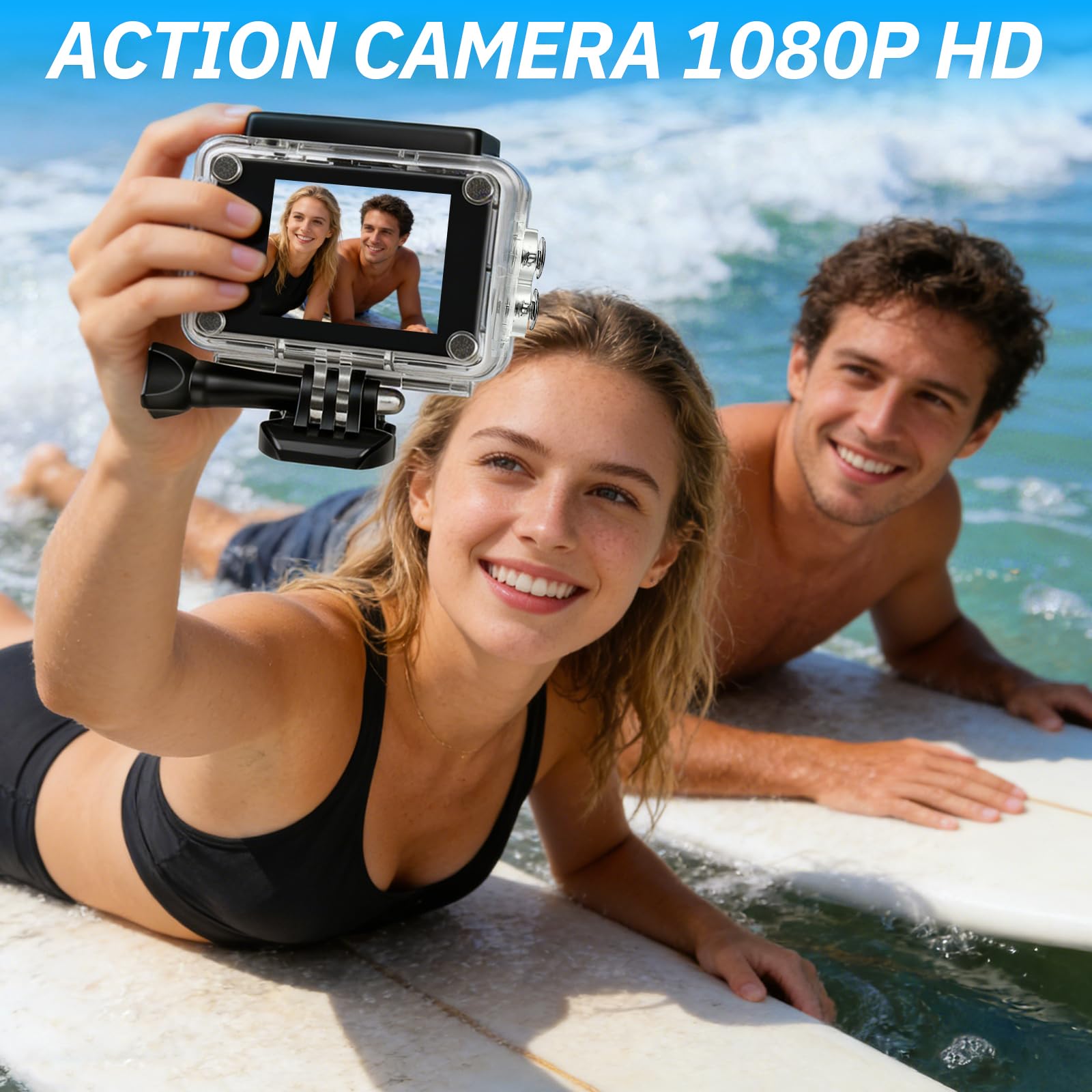 Caméra Sport 1080P Etanche 30M Grand Angle avec Carte Mémoire 32GB et Deux Piles Rechargeables 900mAh