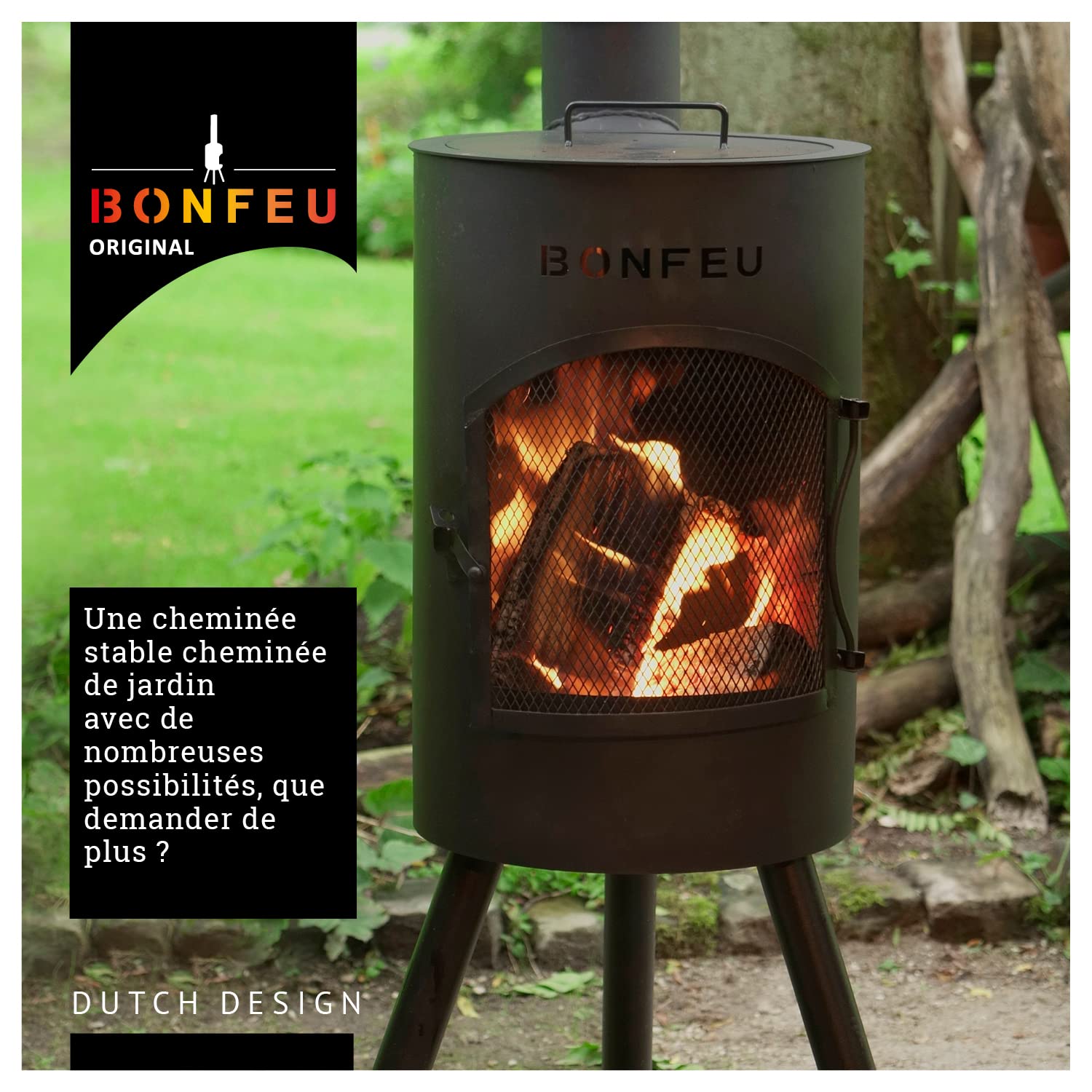 Cheminée de Jardin BonGiano SP Noire BonFeu 30x30x142 cm - Grille de Barbecue - Couvercle - Tisonnier et Pare-Étincelles