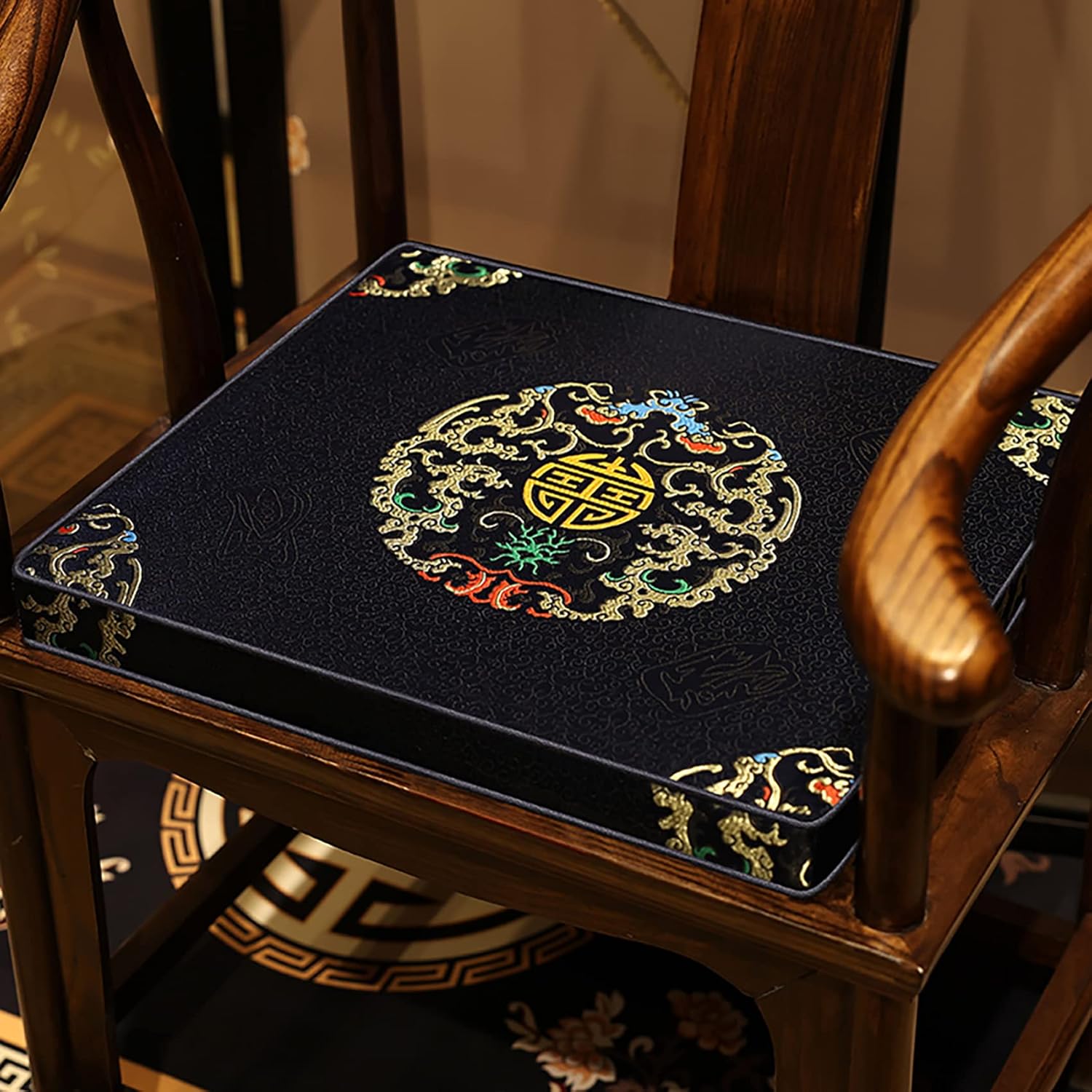New Chinese Mahogany Chair Cushion,Non Slip Sponge Seat Pad Wood Home Dining Chair Pad Indoor Seat Cushions with Removable Cover-F 45x38x4cm(18x15x1.6inch)