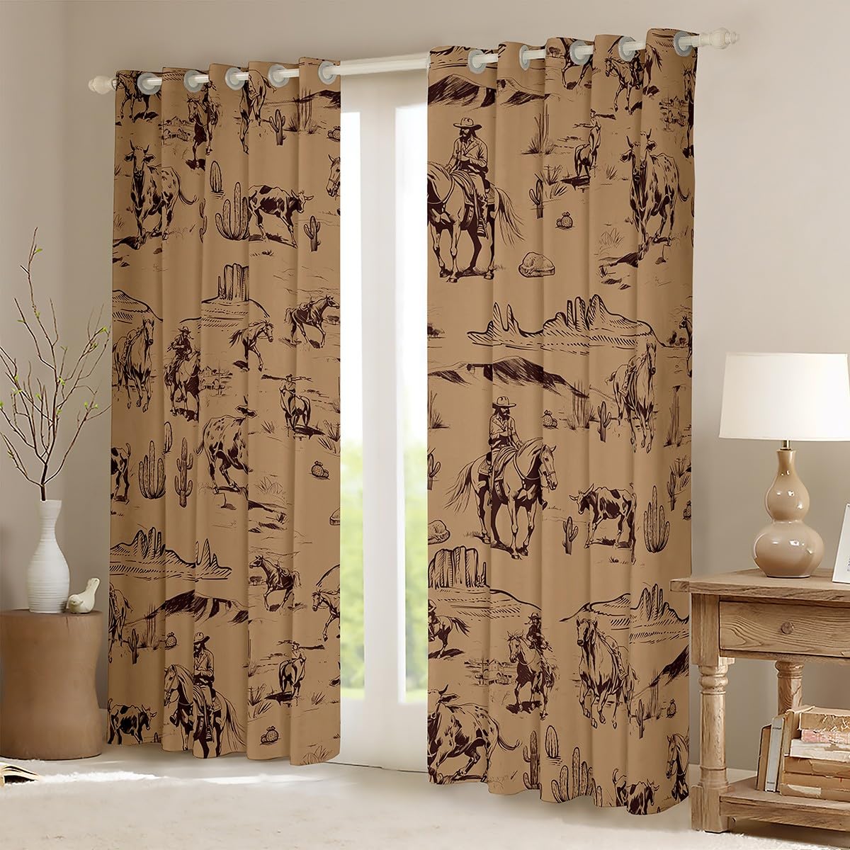 Kids Wild West Cowboy Curtains for Bedroom Living Room (2 Panels, 42 x 84 Inch) Western Decor Darkening Dreapes Boys Girls Teens Decor Rodeo Cowboy Style Blackout Curtains Brown Window Treatments