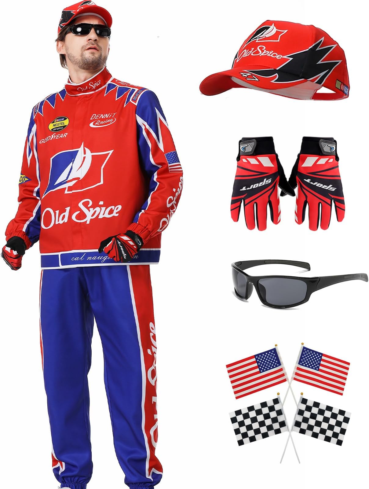 Heionia Ricky Bobby Costume Talladega Nights Jacket Outfits with Hat and Flags for Men Race Car Driver Costume