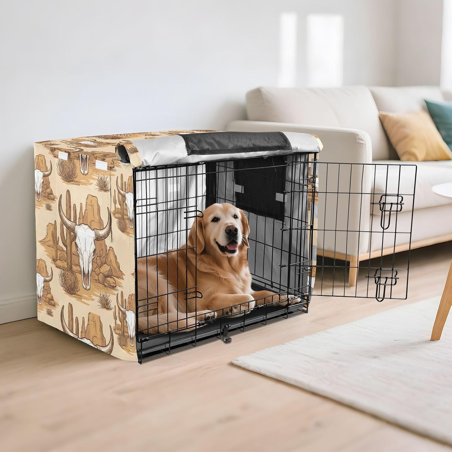 Duty 600D Silver Coated Dog Crate Cover, Water-Resistant Cowboy Elements Pet Kennel Canopy with Mesh Windows for Optimal Ventilation, Universal Fit for Standard Wire Cage, Indoor & Travel