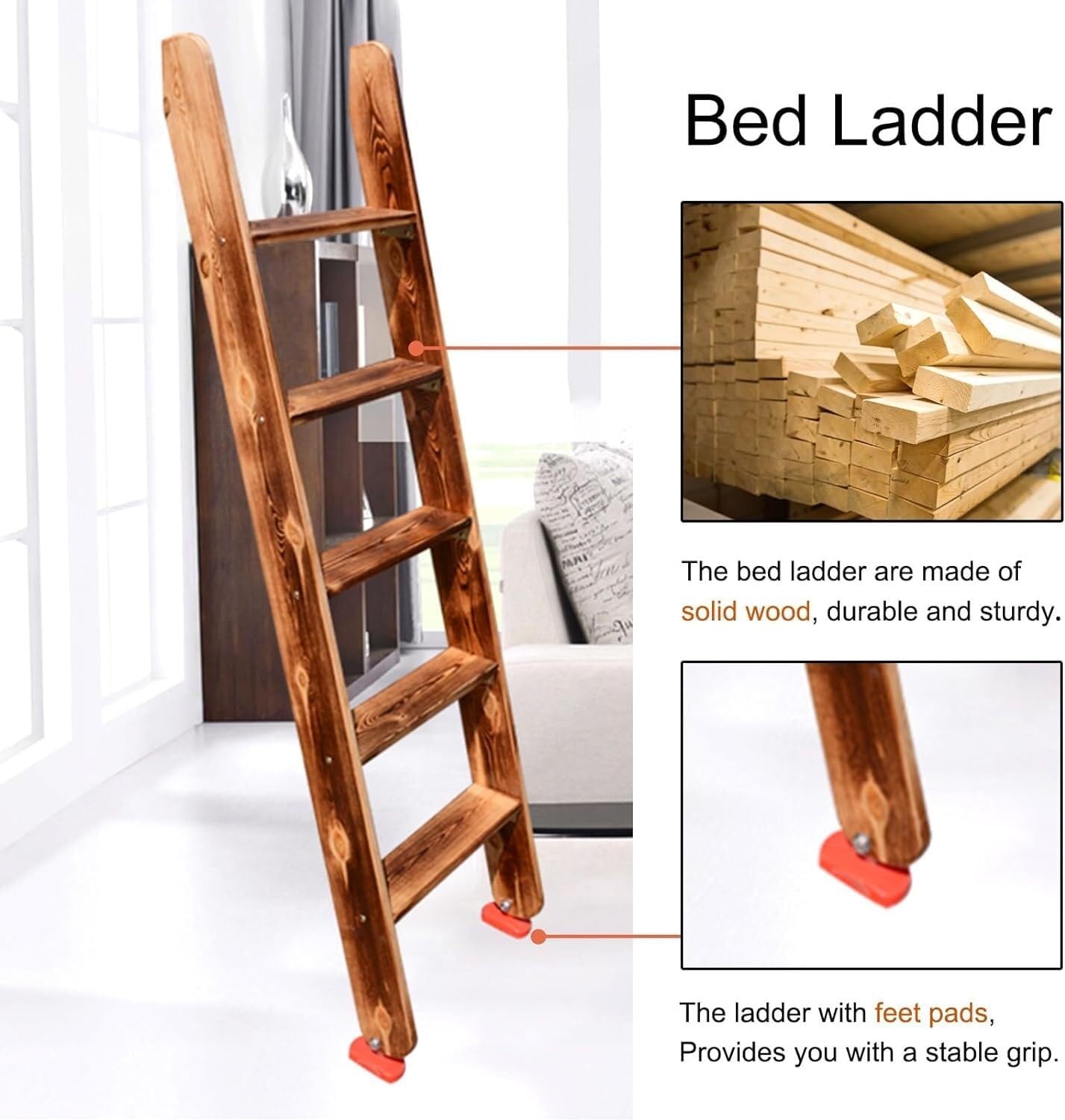 Floor-Standing Bunk Bed Ladder Multi-Function Bunk Bed Climb Ladder 4/5 Steps Wooden Loft Ladder(150cm/59)