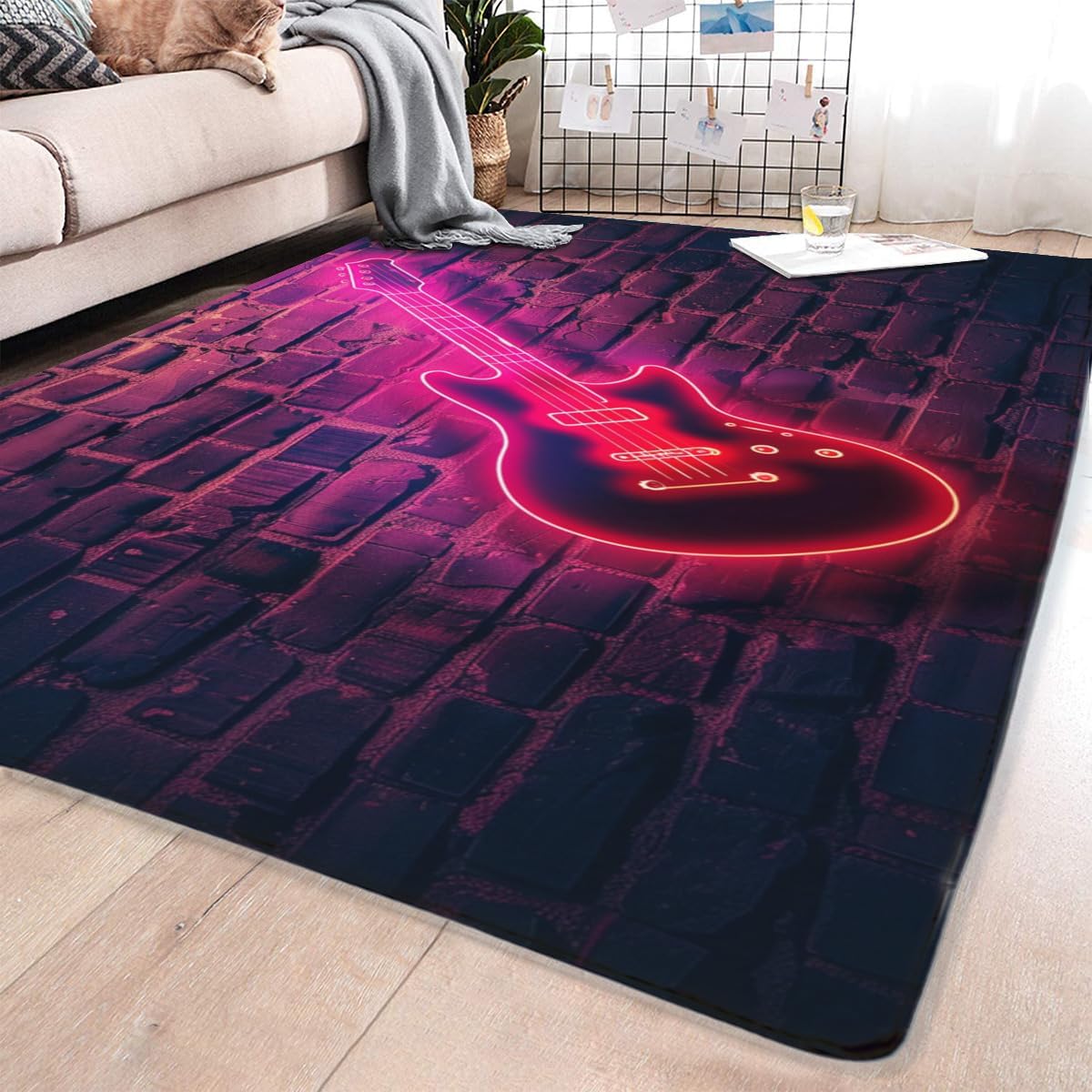 Abstract Art Guitar Area Rug, Elegant Curve of The Guitars Makes People Love it. Neon Guitar Carpet is Suitable for Living Room, Dining Room, Dormitory, Bedroom Home Decoration 2' x 3'