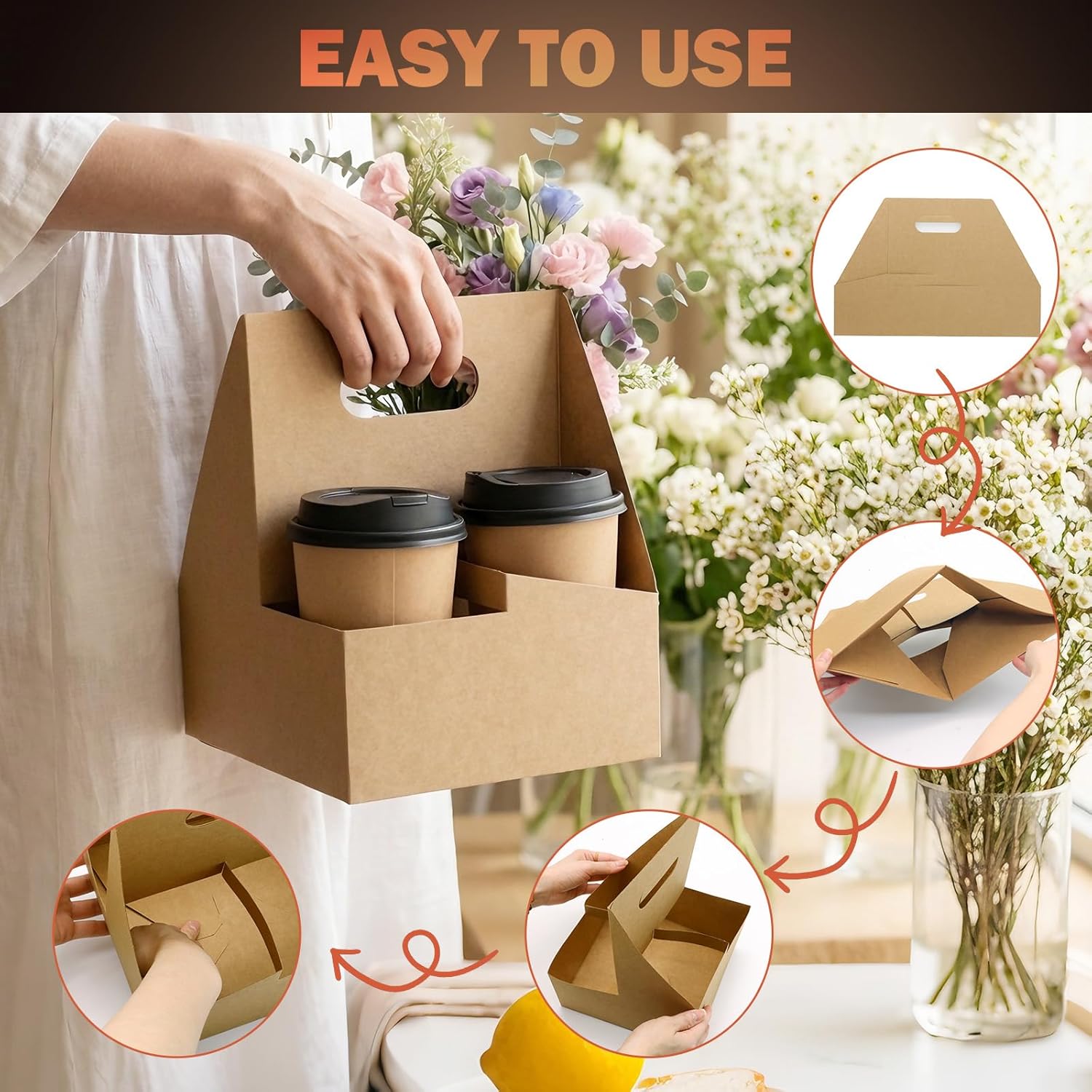 4 Cup Drink Coffee Carrier with Handle, 100 Pcs Paper Cup Holders Drink Holders Cardboard Disposable Beverage Tray Foldable Kraft to Go 12oz-32oz for Food Delivery Take Out Hot Cold Drinks