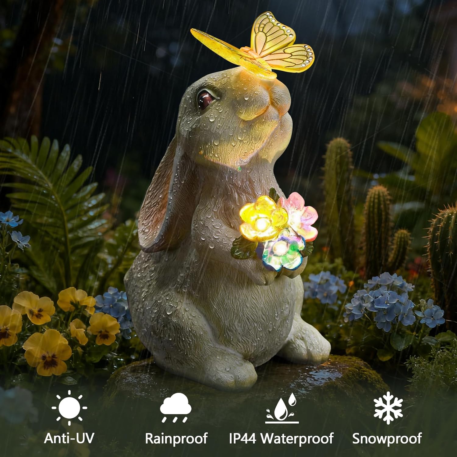 Solar Garden Statue Outdoor Decor, Rabbit Figurine with Butterfly LED Lights, Bunny Statue for Garden, Yard Decor, Lawn Ornament, Valentine's Day Birthday Gift for Women Mom Grandma - Image 3