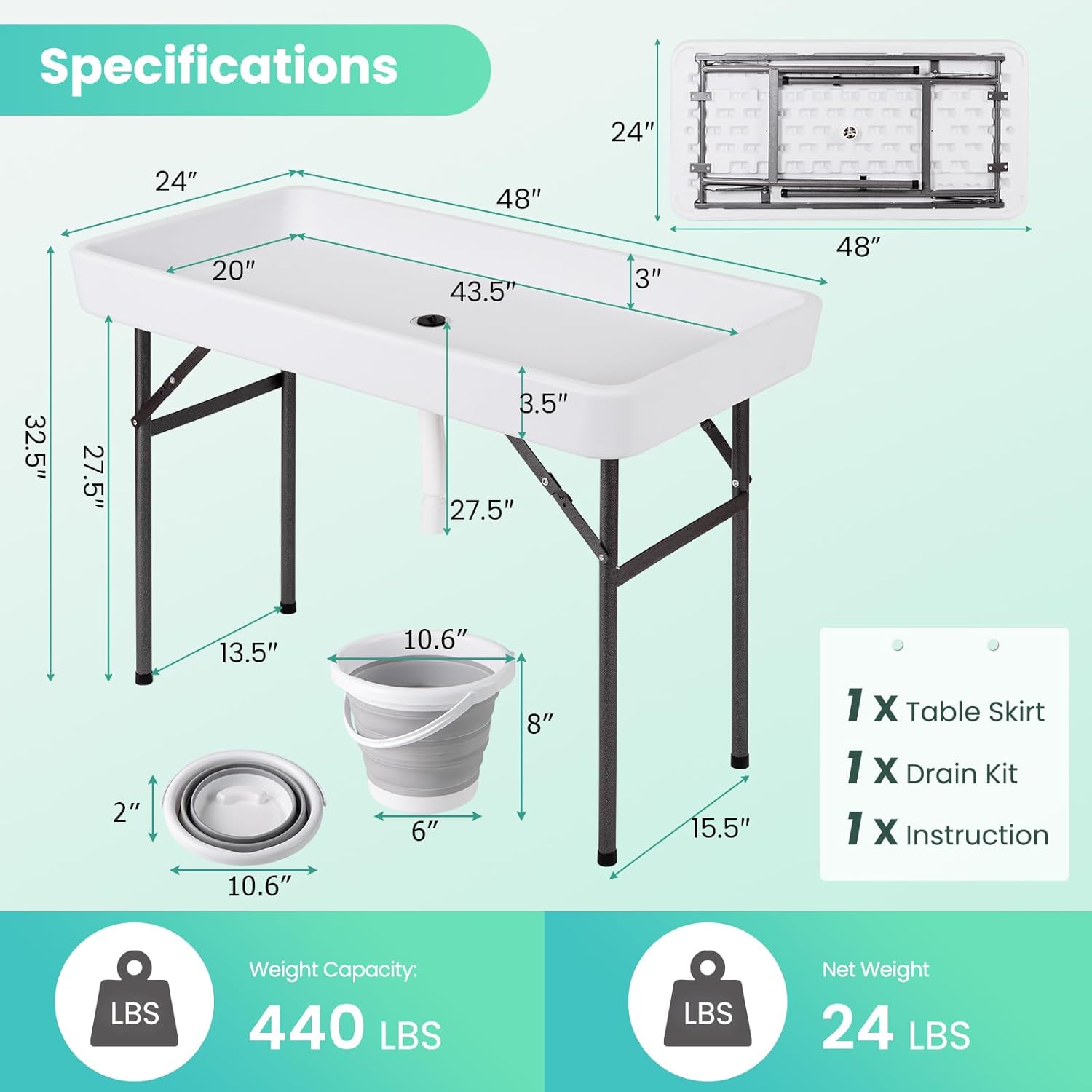 S AFSTAR 4 Foot Ice Tables for Parties with Drain, Folding Ice Cooler Table Outdoor with Foldable Bucket & Removable Skirt, Portable Bin Table for BBQ Wedding Party