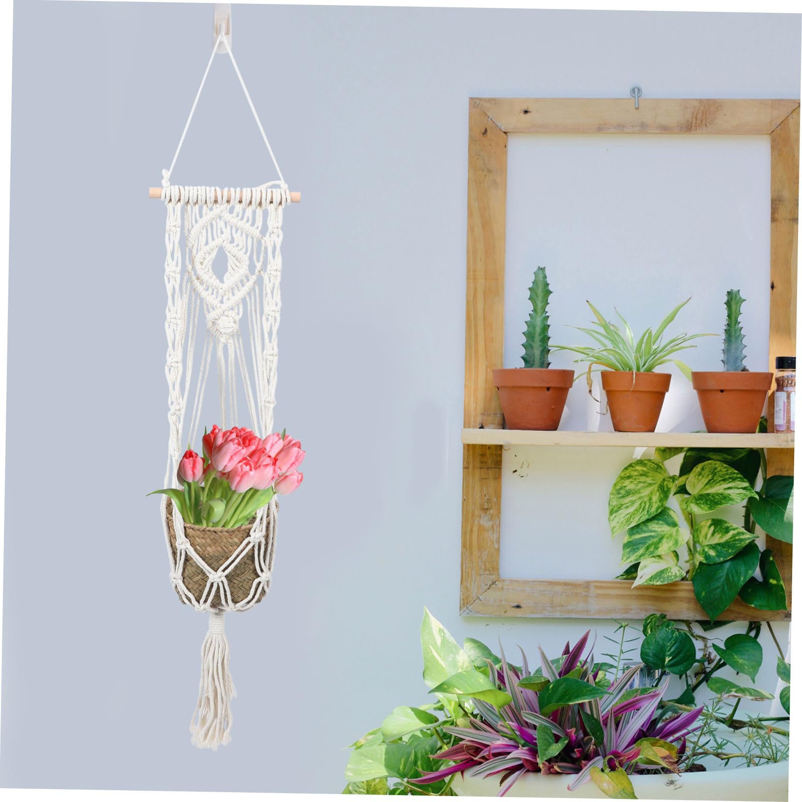HEMOTON 3 Pièces Panier Suspendu en Corde de Coton cintres pour Plantes d'intérieur Cintre en macramé Usine Panier en Corde de Coton Fronde tissée à la Main Bambou Beige