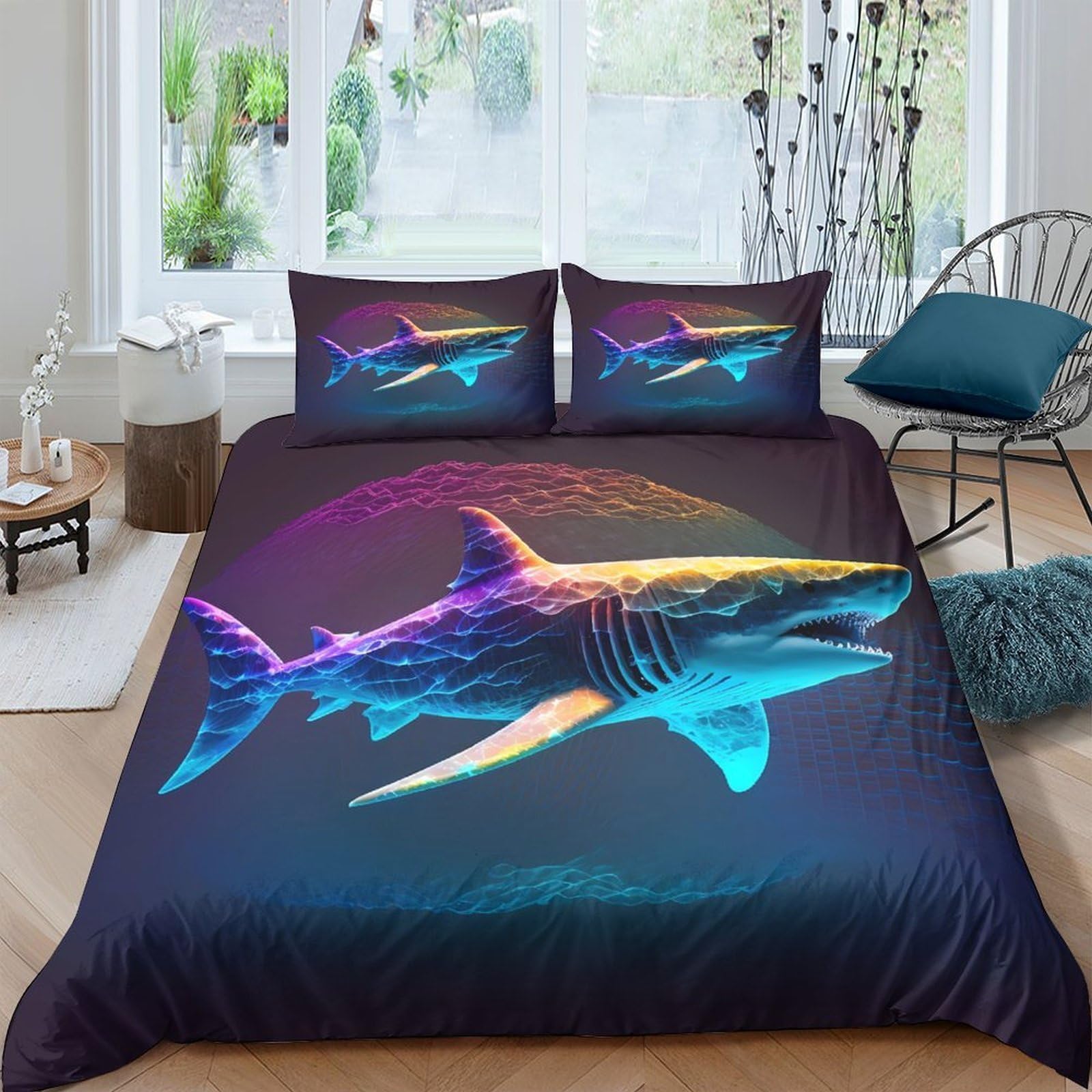 Ctjqhvkz Style-3 3D Printed Neon Shark Fitted Sheet Microfiber Soft Deep Blue Ocean Mattress Cover For Bedroom Dorm Decor Single（135X200cm）