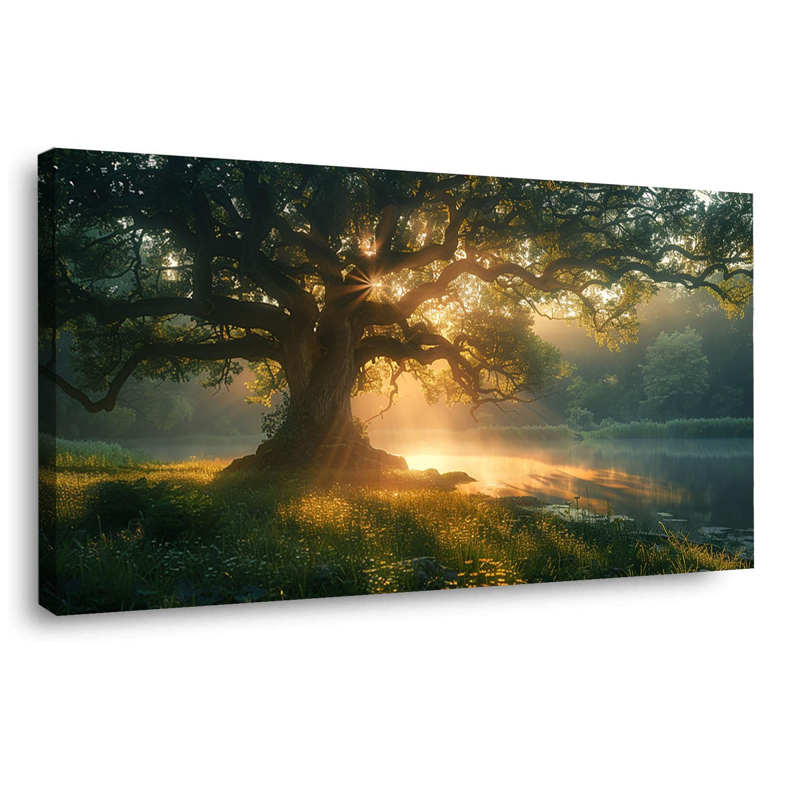 WIKEO Tableau Murale Salon Moderne murale du lac l’arbre de la nature Arbre De Vie Nature Paysage Impression Sur Toile, Decoration Murale Chambre Salle De Bain Cuisine Bureau-50x100cm Encadrée