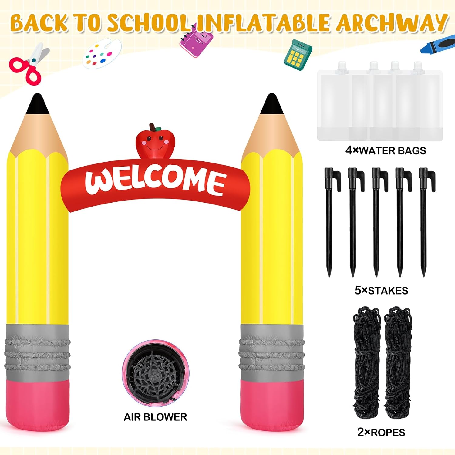 Leyndo 9 ft Back to School Inflatable Archway, Large Pencil Inflatable Arch with Welcome and Apple, Blow up with Build-in LED Lights for Welcome Back to School Classroom Birthday Party Display Decor
