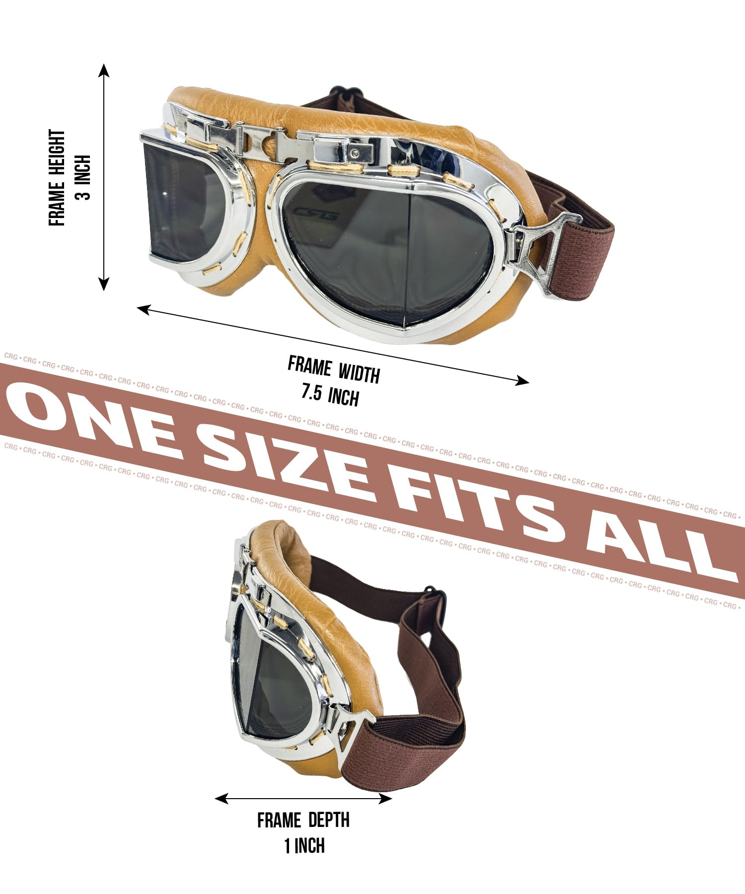 CRG Sports Vintage Aviator Pilot Style Moto Cruiser Scooter Goggle T08 T08STN Lente Fumo, telaio argento, imbottitura marrone