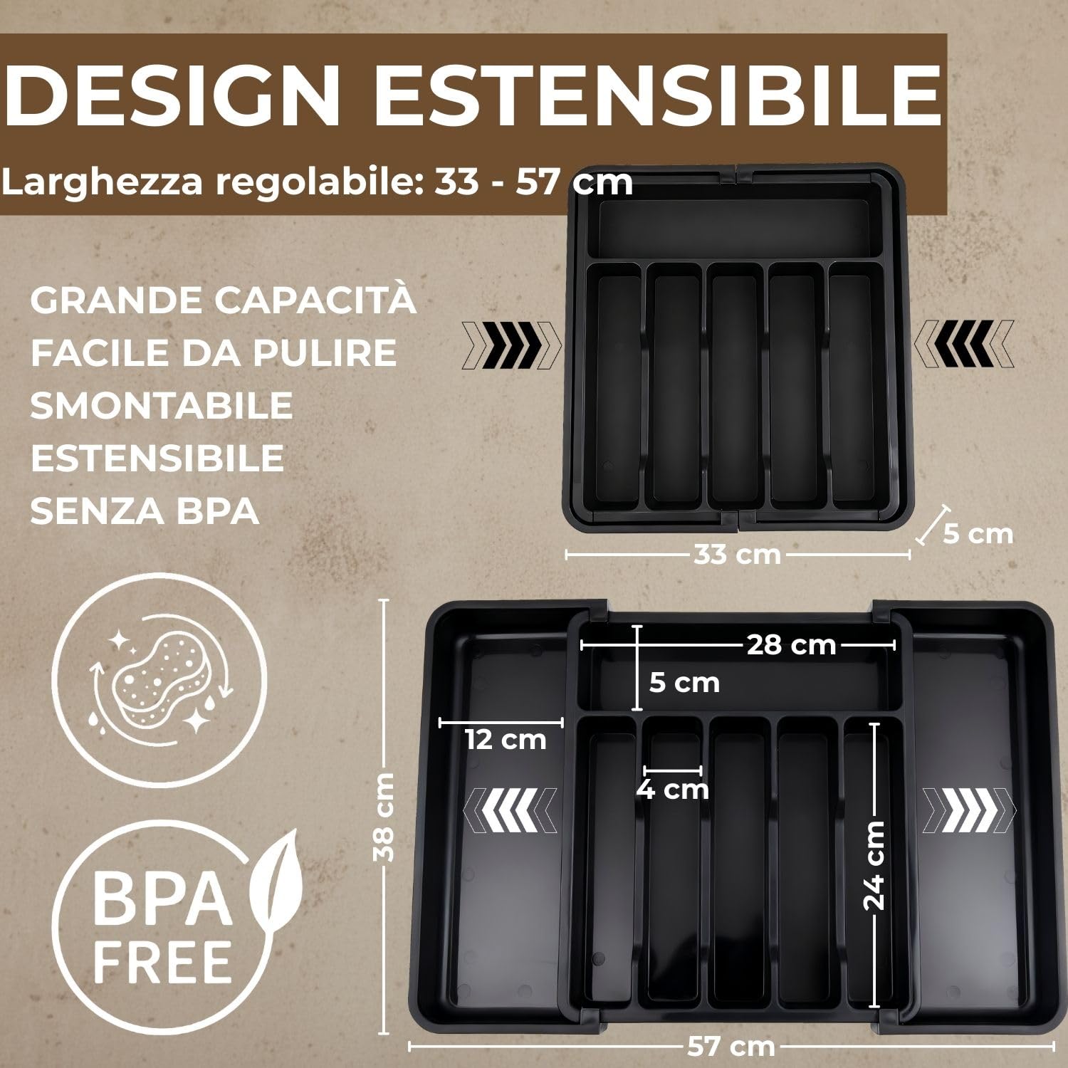 Set posate 6 persone (30 pezzi) con portaposate da cassetto espandibile. Set posate acciaio inox con porta posate cucina cassetto incluso. Set forchette cucchiai e coltelli (60 pezzi)