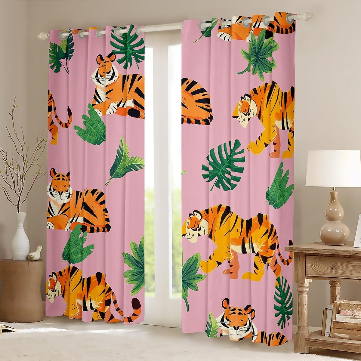 Cute Tiger Window Curtains Watercolor Tropical Green Palm Leaves Window Drapes for Kids Teens Adults Cartoon Wild Jungle Animals Curtains for Living Room 2 Panels 52Wx96L