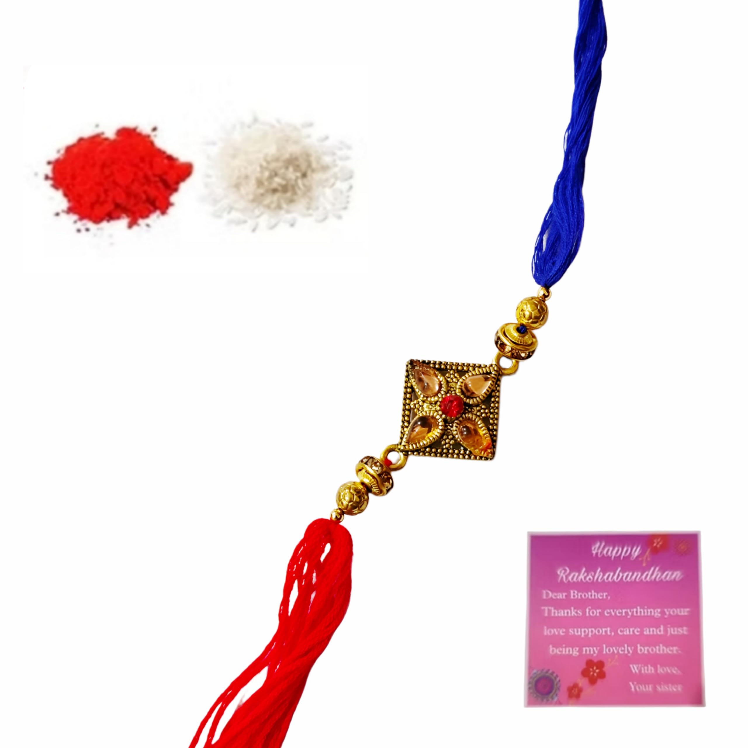 Designer Red Blue Thread Stone Gold Rakhi with Roli Chawal and Greeting Card, Traditional Raksha Bandhan Gift Set for Brother-image-21