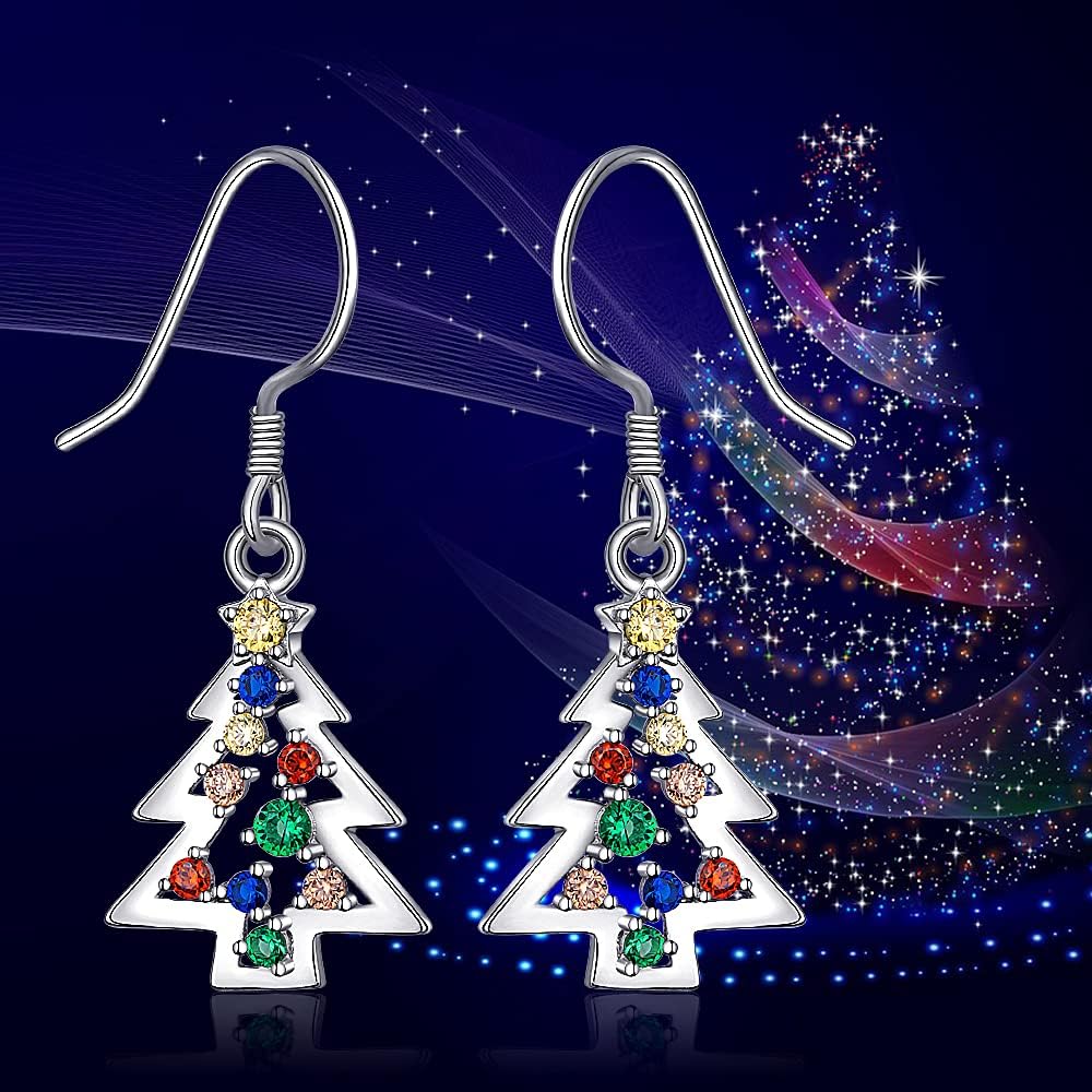 Christmas Tree Dangle Earrings Drop Star S925 Sterling Sliver for Women Colorful CZ Hypoallergenic Piercing Cute Fish Hook Festive Winter Holiday Jewelry Xmas Gift