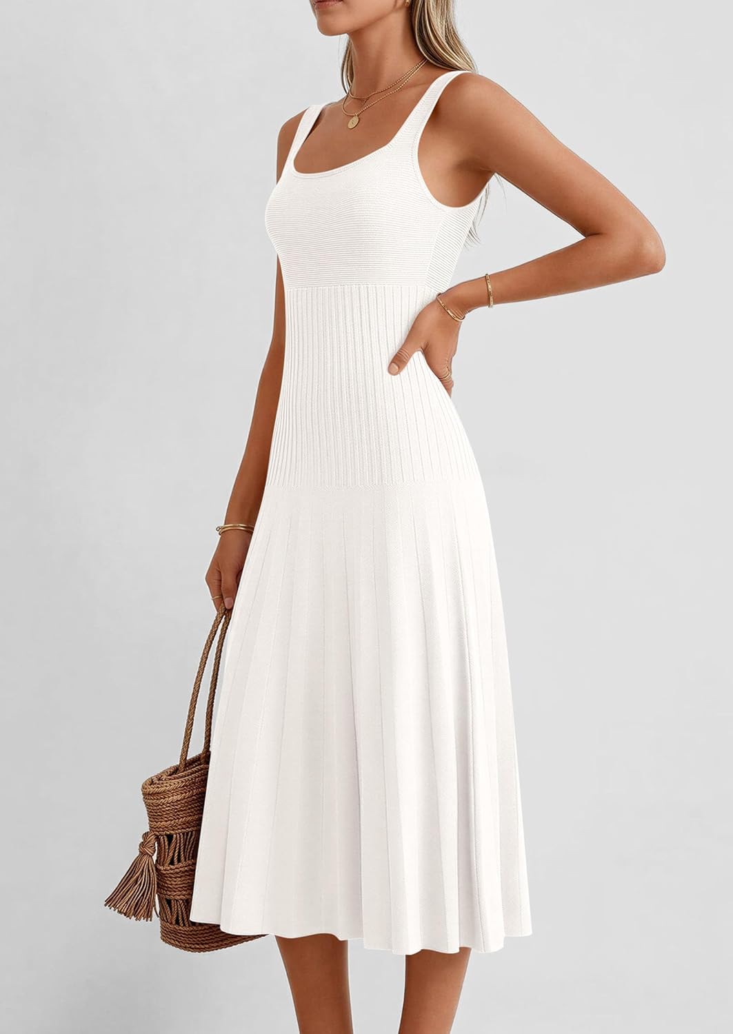 PRETTYGARDEN Spring Dresses for Women 2026 Summer Casual Sleeveless Square Neck A Line Knit Pleated Midi Cocktail Party Dress - Image 4