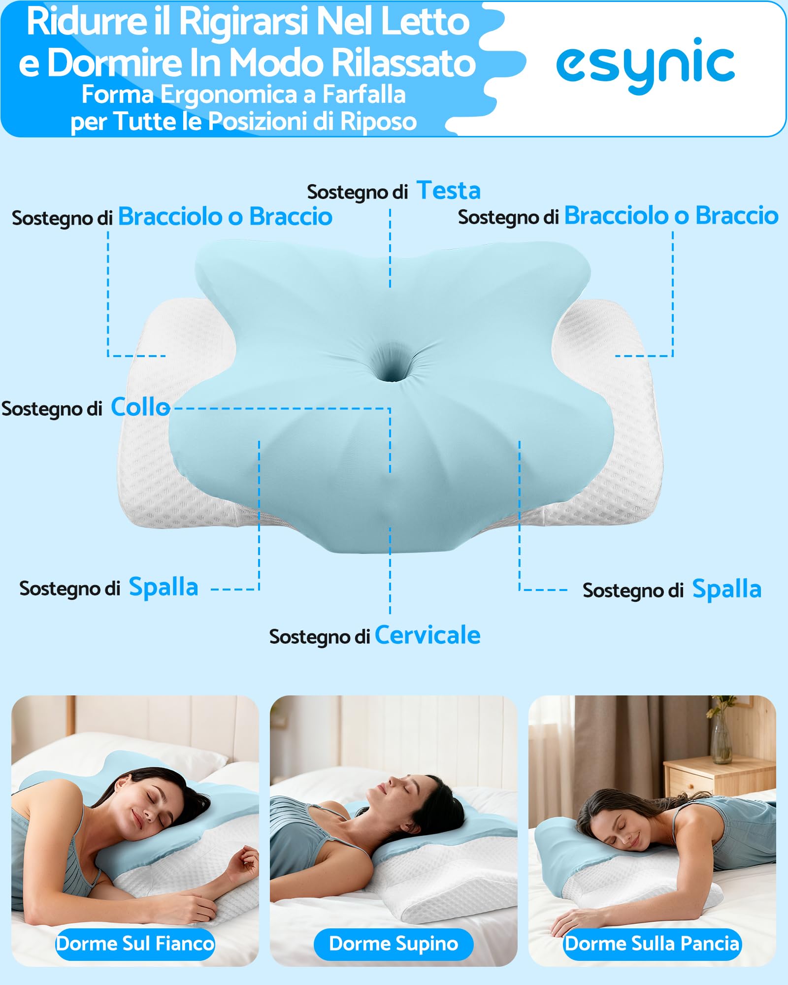 eSynic Cuscino Cervicale in Memory Foam Ergonomico con Doppia Altezza 11/13cm, Cuscino Ortopedico per Chi Dorme sul Fianco o Supino, Federa Ice Silk Traspirante Lavabile, 60x39cm - Azzurro