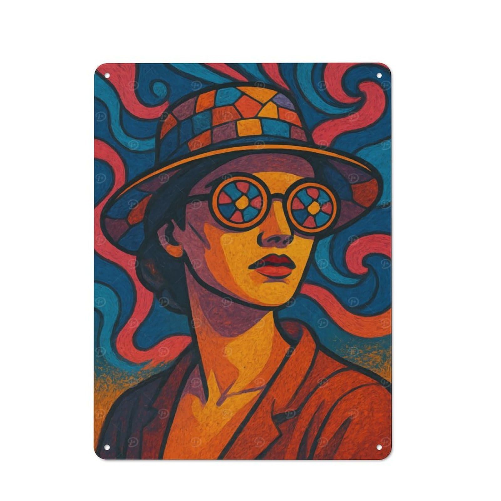 Junmoney Colorful Portrait With Hat And Glasses Tin Wall Plaque 40X30cm With For Workshop Wall, Suited To Makers And Diy Enthusiasts