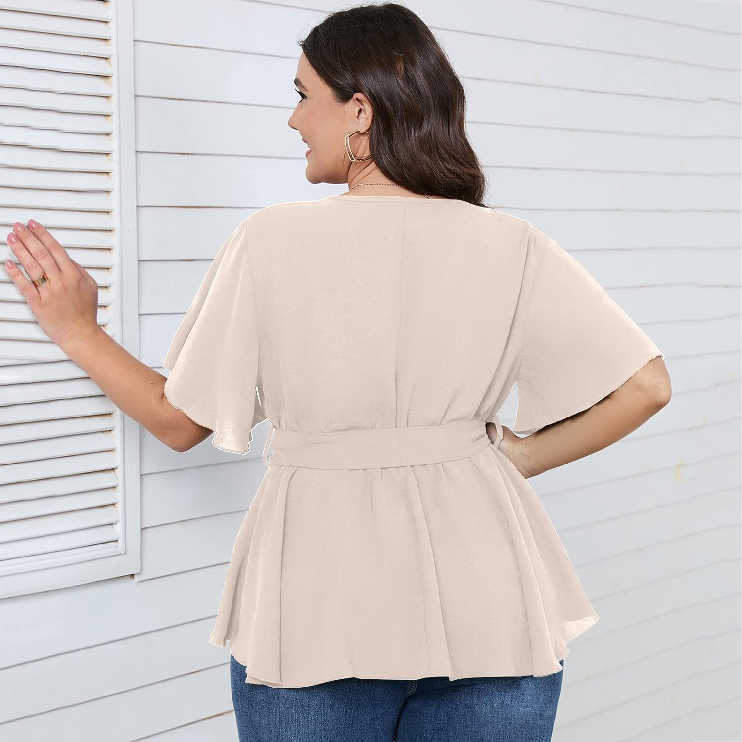 SCOMCHIC Women's Plus Size Short Sleeve V Neck Wrap Belted Ruffle Peplum Blouse Tops - Image 4
