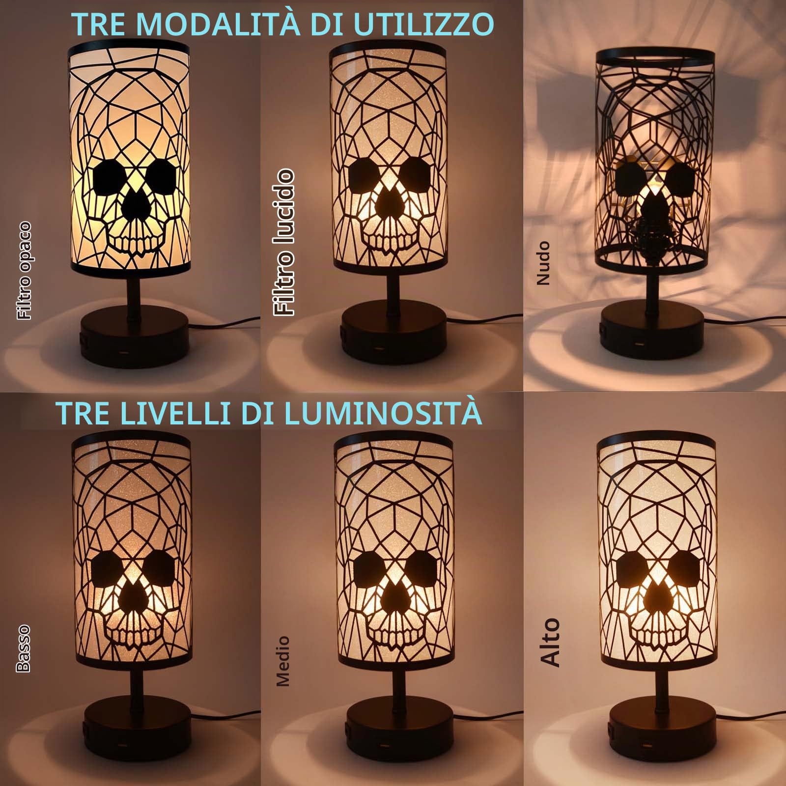 Lampada da Comodino Touch Dimmerabile con 2 Porte di Ricarica USB, 3 Livelli di Luminosità, Paralume a Teschio in Metallo, Design Industriale Retrò, Vintage E27 Lampada da Tavolo per Camera da Letto