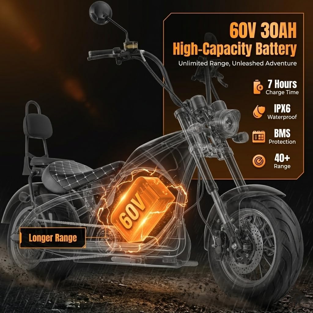 eAhora M1P 2000W Electric Motorcycle for Adults,60V 30Ah 37MPH 40+ Miles Long Range 2 Seaters Adult Motorcycle,Full Suspension Dual Hydraulic Brake Street Legal Mopeds