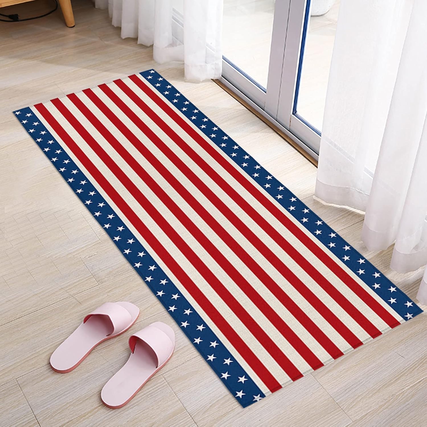 Teamery Kitchen Mats for Floor Patriotic USA Star Stripes Flag Washable Non Slip Kitchen Rugs 1PCS, Blue Red White Absorbent Standing Mats for Sink Bathroom Office Living Room 15.7x47.2in