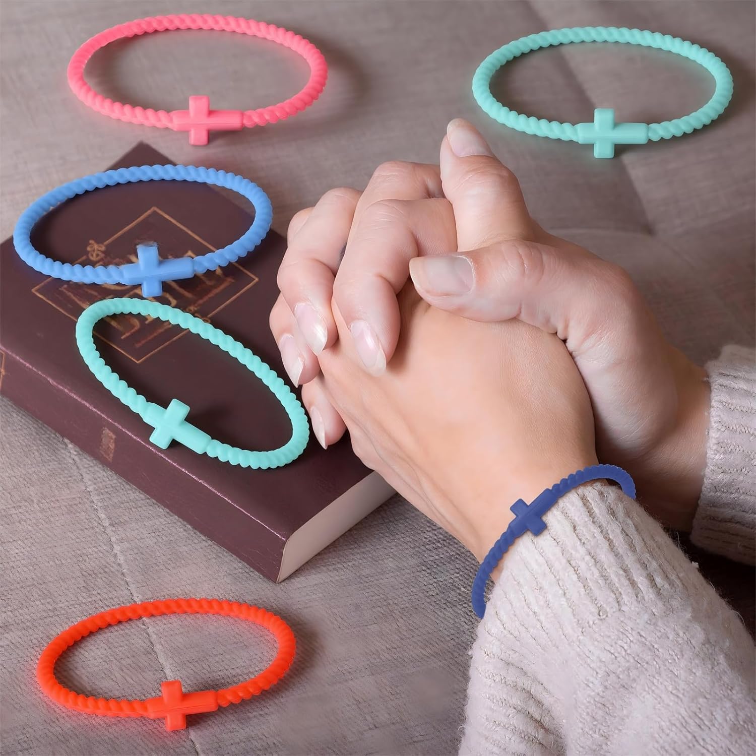 Soaoo 24/60 Pcs Jesus Bracelets Cross Silicone Bracelet Braided Stackable Rubber Wristband Silicone Jesus Jewelry Gift for Women Men