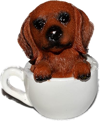 Adorable figura de estatua de perro salchicha marrón de 2.5 pulgadas sentado dentro de una taza de té