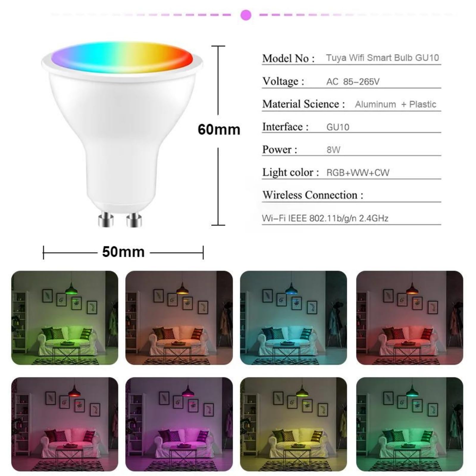 Lampadina LED TUYA GU10 8W RGB Smart Dimmerabile Controllo WiFi AC 85-265V Funziona con Alexa Google Home Vocale,4pcs
