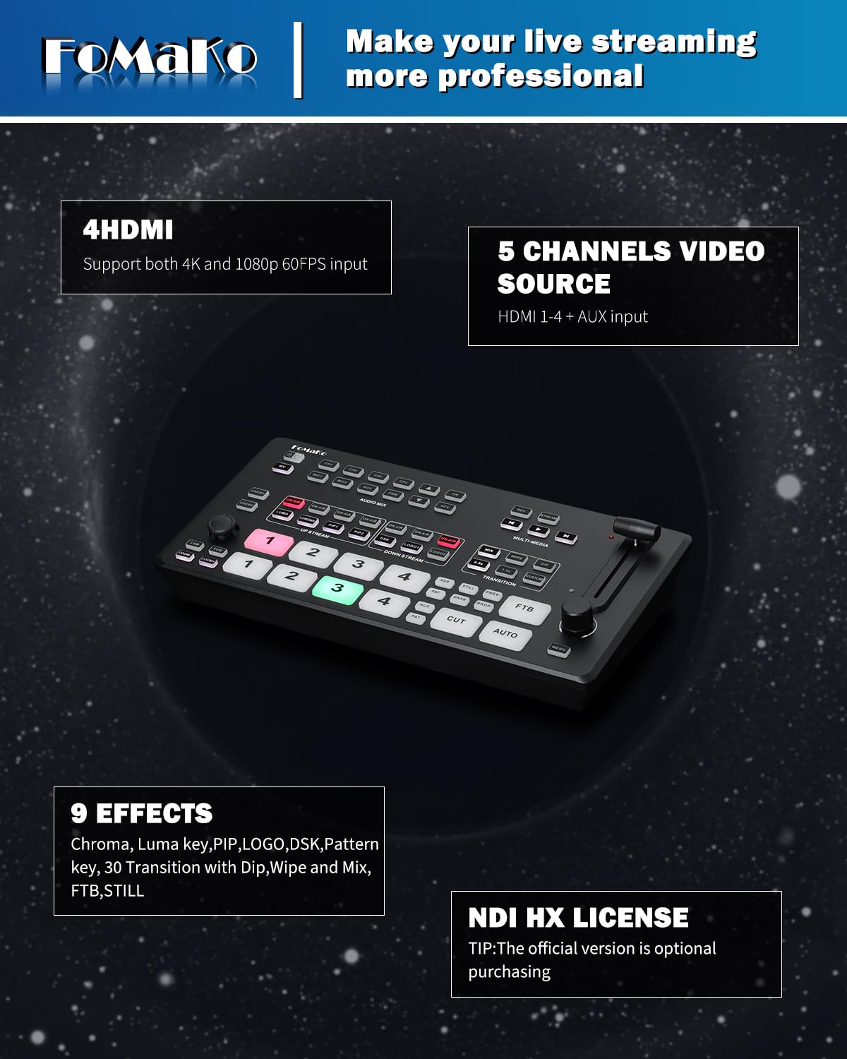 FoMaKo 4K HDMI Video Mixer Switcher, 5-Channel Live Streaming Switcher, 4K 60FPS Input, 1080p 60FPS Output, Support PTZ Controller, HDMI Video Switcher, M1