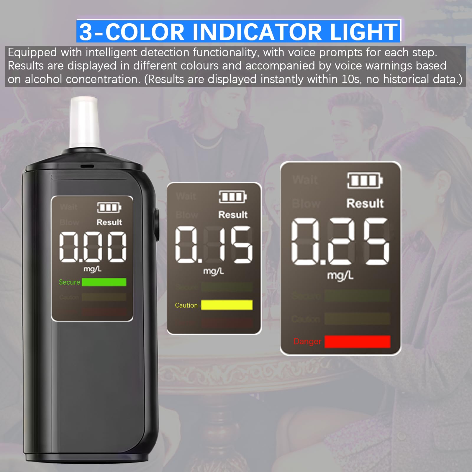 Alcoholimetro- Alcoholímetros con 6 boquillas Reutilizables, alcolimetro Profesional portátil con Pantalla Digital LCD, Test alcoholemia para Uso doméstico y Fiestas, AT02
