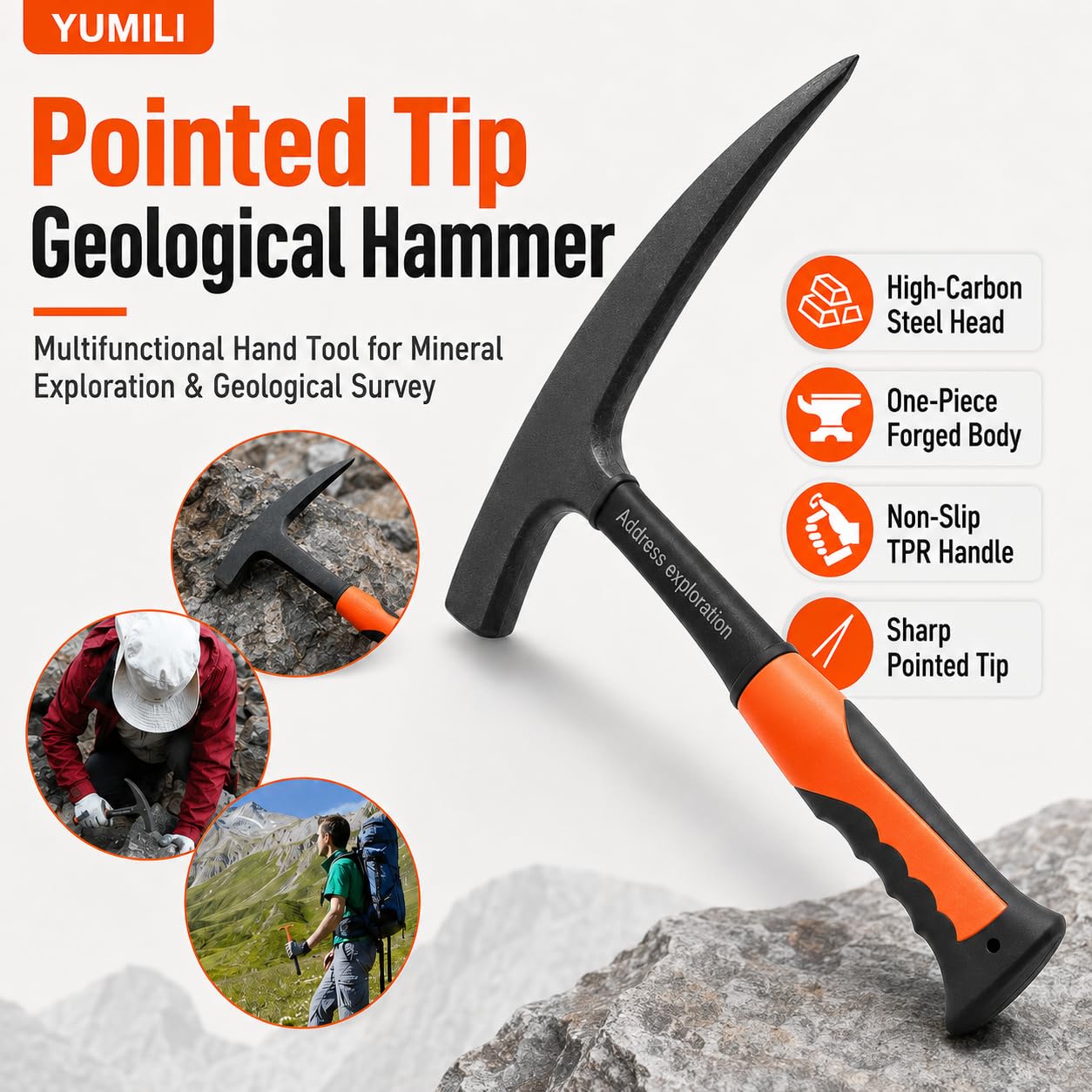 Martello da Esplorazione, Martello Geologico a Punta Professionale, Piccone da Roccia con Impugnatura Ammortizzante 290 mm, Utensili Multifunzionali per Esplorazione Mineraria, Geologia, Archeologia