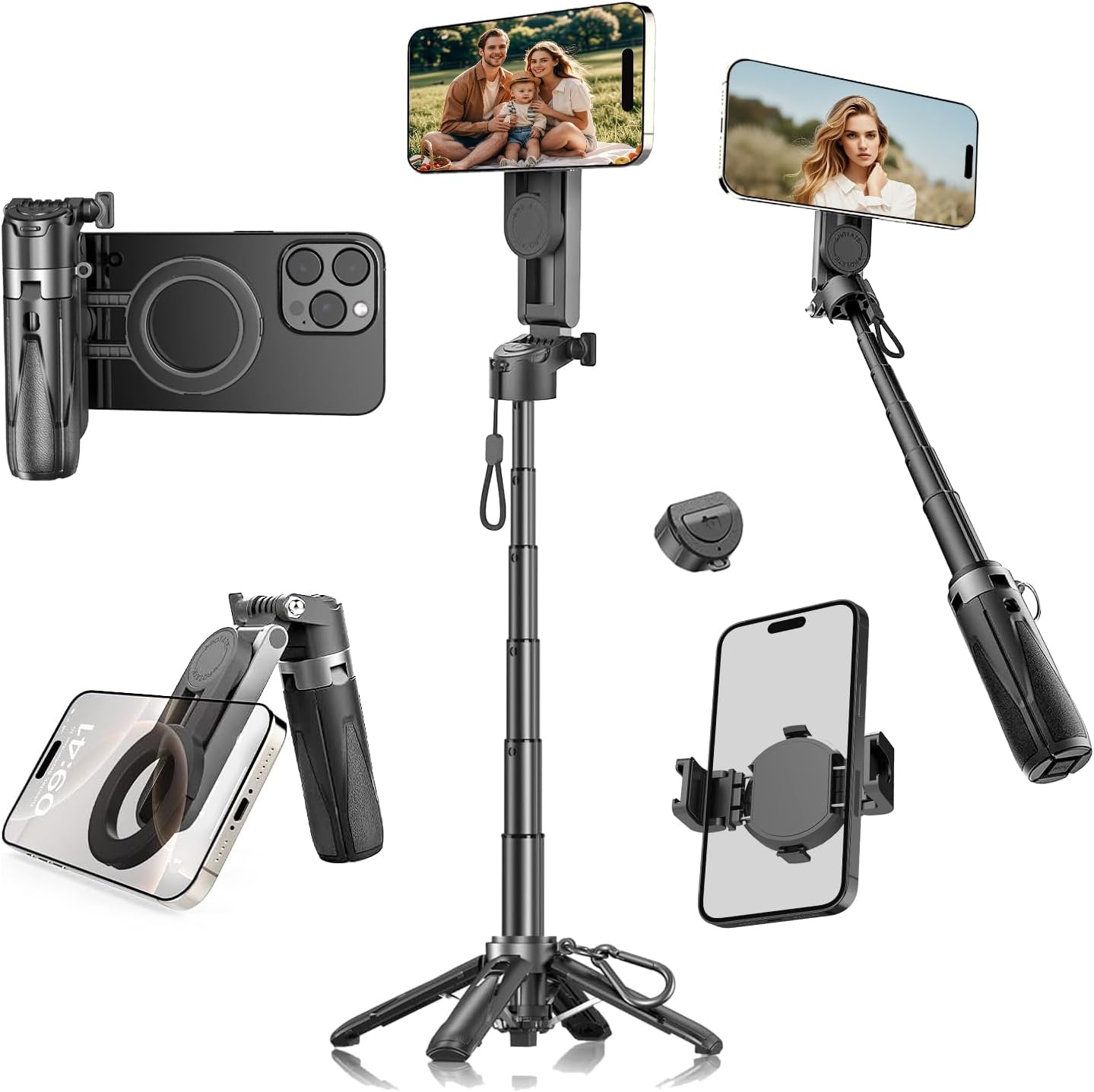 Magnetic Mini Phone Selfie Stick, Small Pocket Tripod for iPhone Android, 4-in-1 Multifunctional 360° Rotation Magnetic Selfie Stick with Detachable Remote for Photograph Live Video Recording Travel