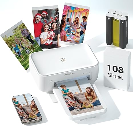 HPRT 4x6 Photo Printer with 108 Sheets & 2 Ribbons, Portable Picture Printer for iPhone & Android Smartphones, Instant Phone Photo Printer, Dye Sublimation, Home Use, Ideal Gift, White