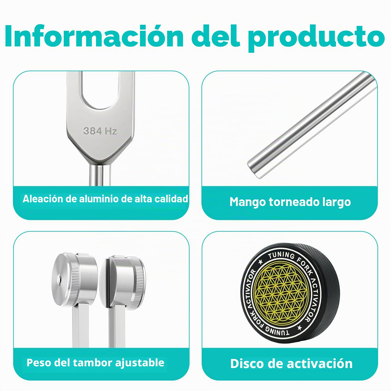 Juego de 4 Diapasones Terapéuticos para Curación y Meditación | 128/136/256/384Hz para Meditación Yoga Relajación Curación Sonora y Equilibrio de Chakras con Mazo Activador y Bolsa de Piel
