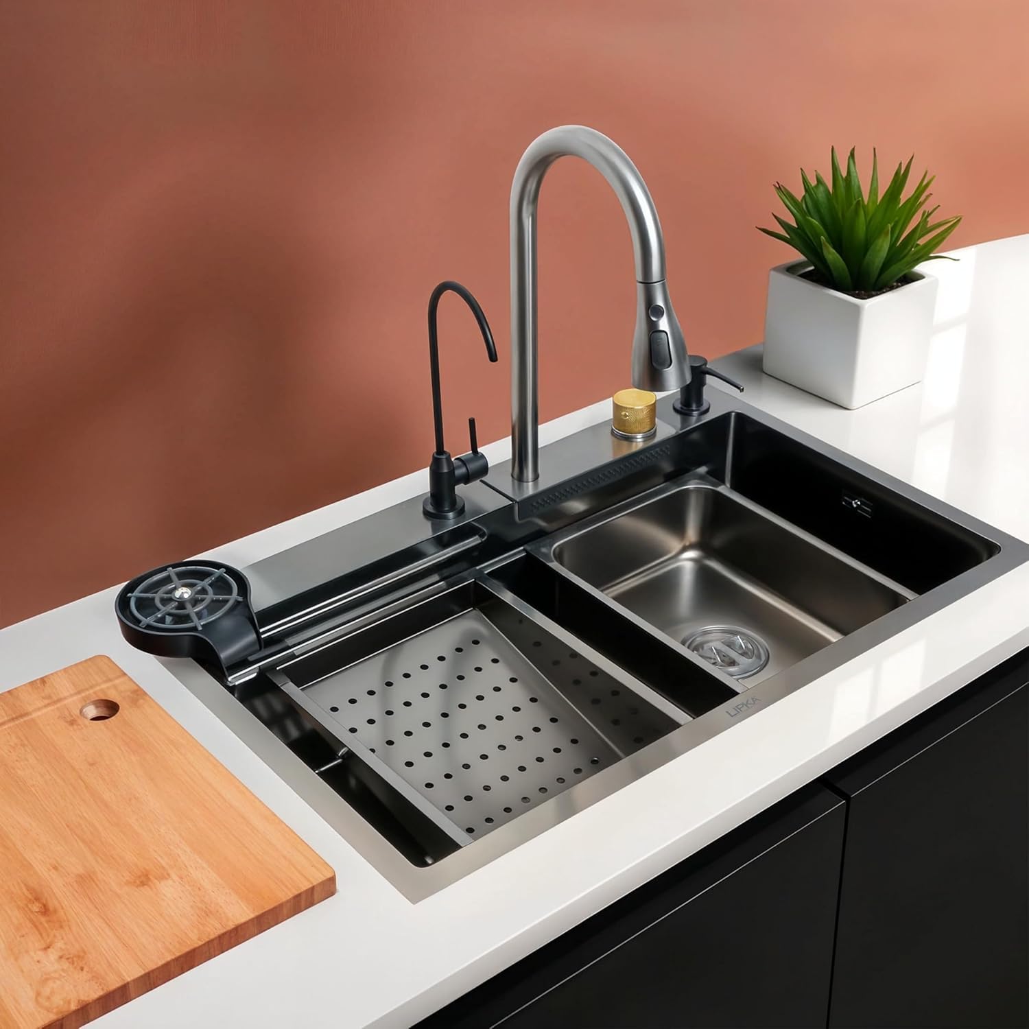 LIPKA Nano Waterfall Stainless Steel Kitchen Sink | 30x18x9 inches | 304-Grade Stainless Steel Kitchan Sink With RO Tap and Pull Out Faucet, Cup Washer | Matte Finish | Lifetime* Sink Warranty