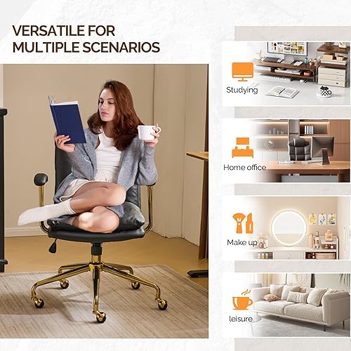 Miniatura 9 de VINGLI Silla de escritorio de oficina en casa, cómoda con ruedas y reposabrazos extraíbles, silla de tocador con base dorada con respaldo, silla