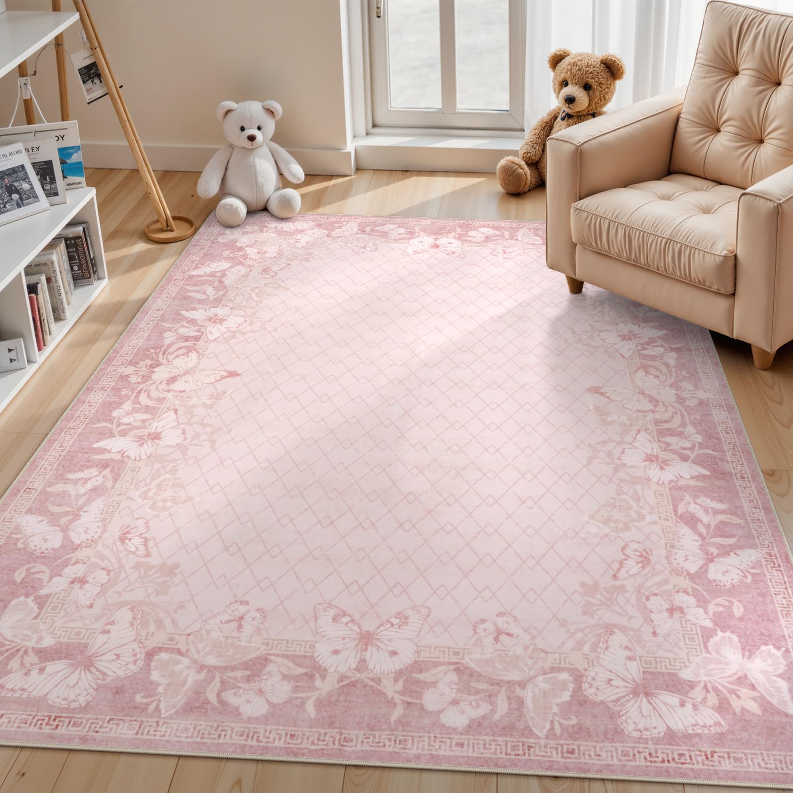 STARUIA Alfombra grande lavable de 5 x 7 pies para sala de estar, antideslizante, suave, rosa, para dormitorio, niñas, elegante alfombra de granja, alfombra de mariposa, oficina, comedor, habitación