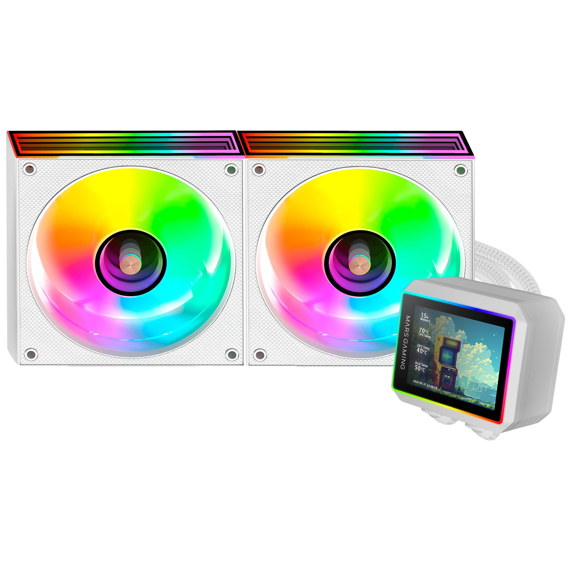 Mars Gaming ML-VISIONII240 Raffreddamento Liquido AIO 500W TDP, Schermo IPS 2,8" 360º, Pompa 4ª Gen Opti-Chamber con Base in Rame e Microcanali, 2x Ventole 120mm ARGB Infinity Mirror, Bianco