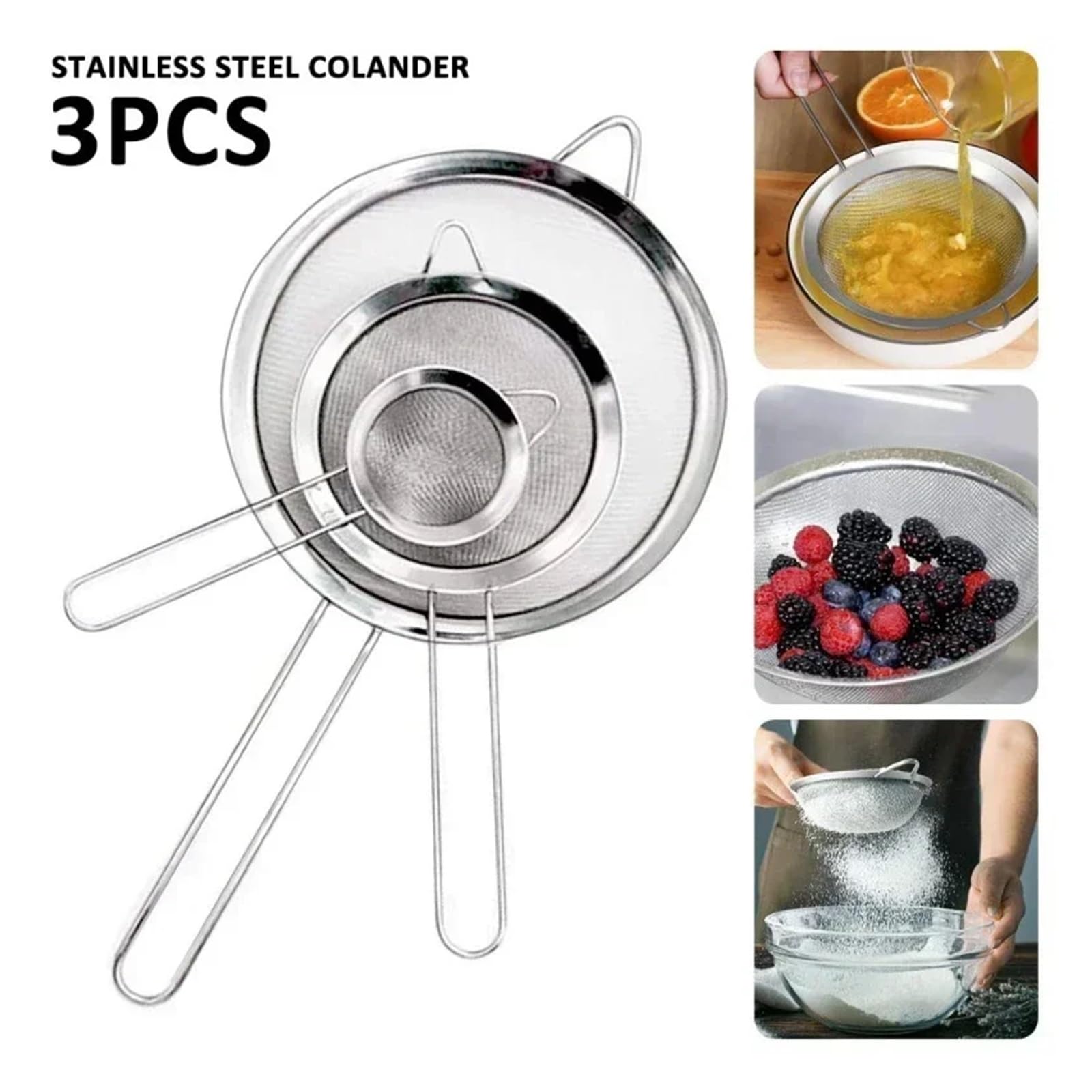 colador acero inoxidable Juego de 3 coladores alimentos malla fina acero inoxidable for hornear con mango y tamiz harina