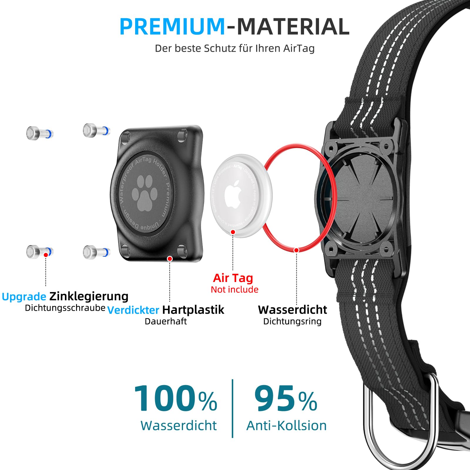 Upgraded AirTag Hundehalsband, IP68 Wasserdicht AirTag Hundehalsband Halter, Reflektierend, Ultra-Durable, Komfortabel Gepolstert, Heavy Duty Hundehalsbänder für Kleine Mittlere Große Hunde[Schwarz,L]