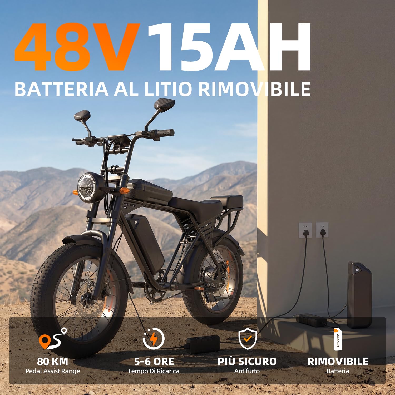 X5 Bicicletta elettrica per adulti, 20 x 4 Fat Tyre Mountain bike con autonomia di 80 km e batteria removibile 48 V 15 Ah, motore 250 W, 25 km/h, bicicletta elettrica da fuoristrada con borsa