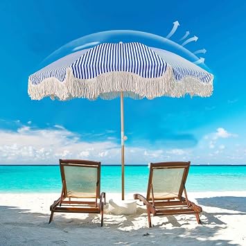 Blue Stripe Patio Umbrella With Fringe 6ft Boho Outdoor Umbrella With Tassels Tilt Garden Umbrella UV50+ Sun Protection Market Umbrella With 8 Sturdy Ribs Pool Table Umbrella With Carry Bag