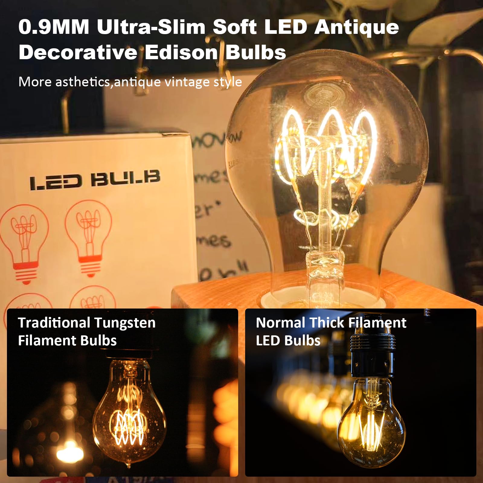 A19 Vintage LED Edison Light Bulbs 40 Watt Equivalent Dimmable E26 4W LED 2200K Amber Warm Light Bulbs — view 2