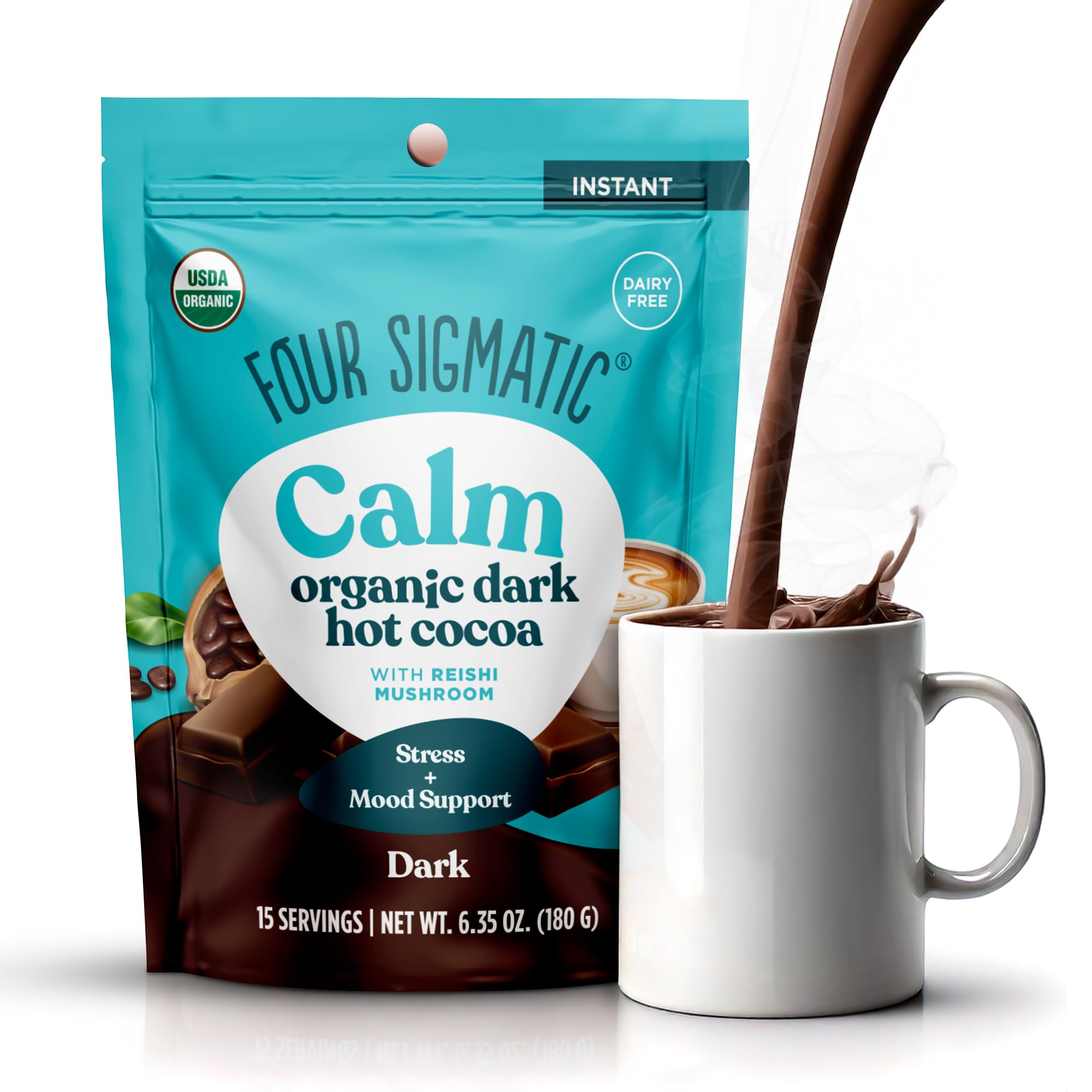 Four Sigmatic Calm Mushroom Cocoa Mix | Organic Dark Hot Cocoa Mix with Reishi Mushroom | Vegan, Dairy Free | 15 Servings