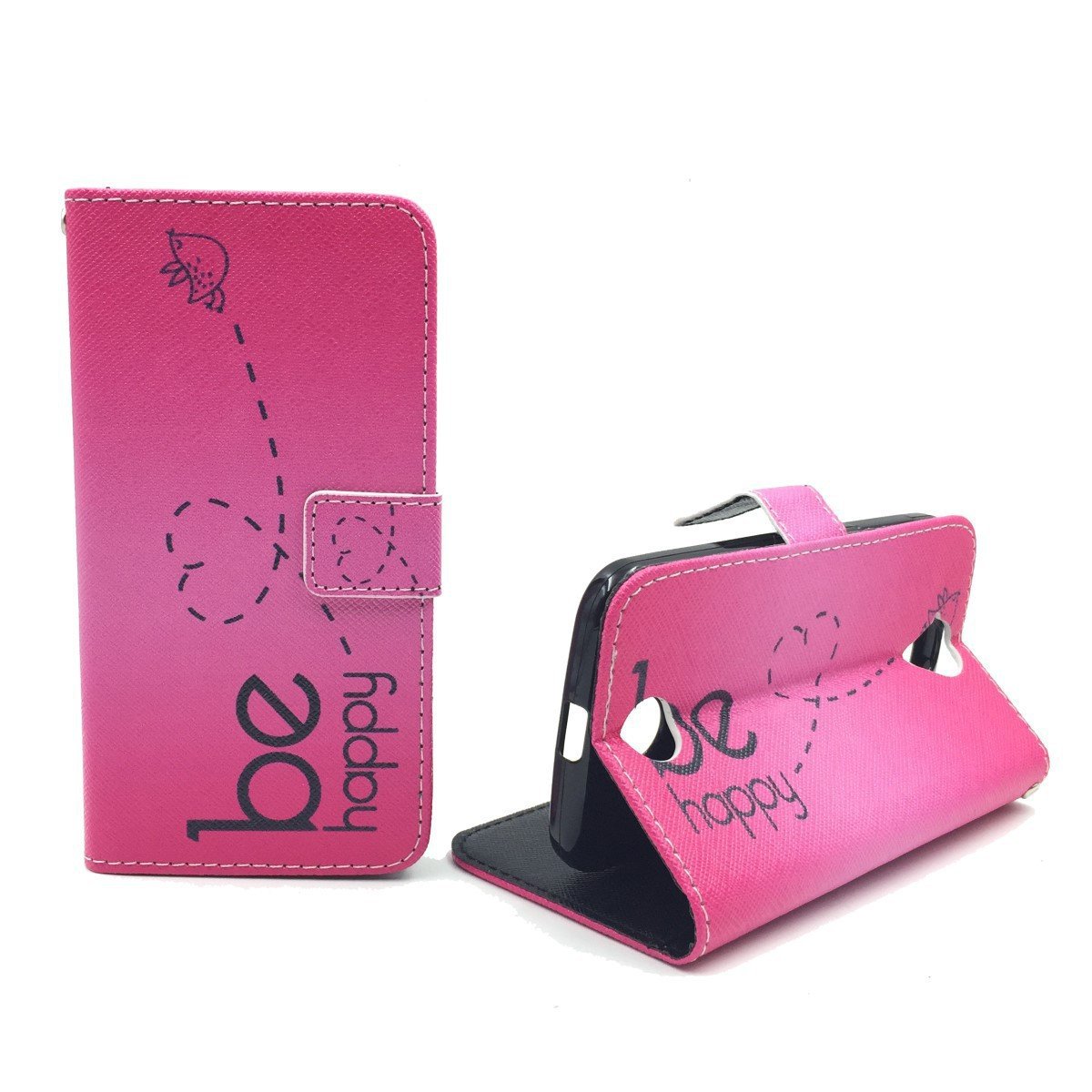 König Design Flip Case – Be Happy Design Pink für Wiko Lenny 2