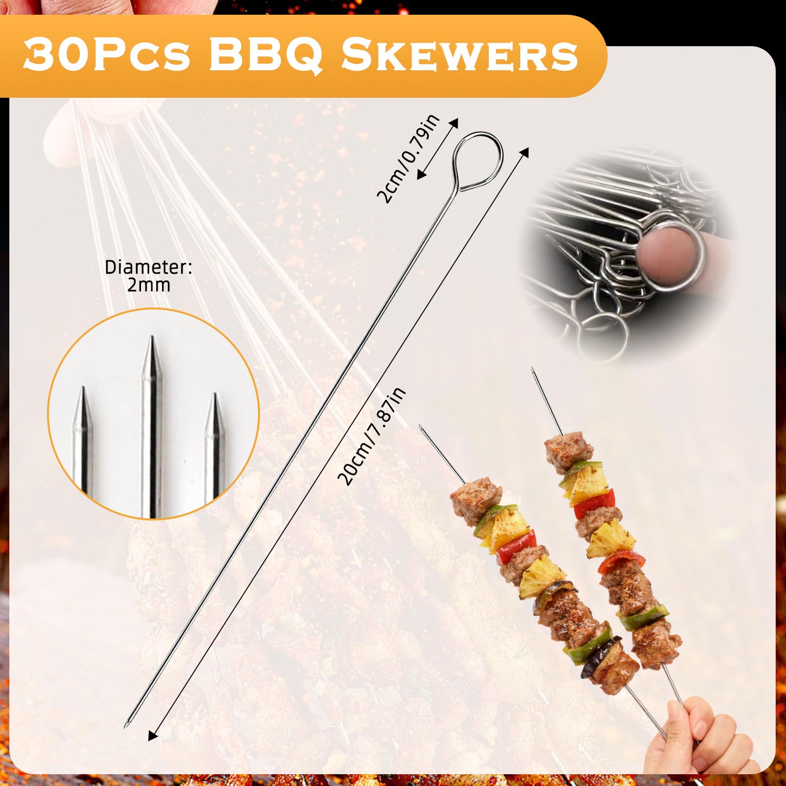 Spiedini per barbecue, in acciaio inox, 20 cm, per barbecue, barbecue, frutta, verdura, 30 pezzi