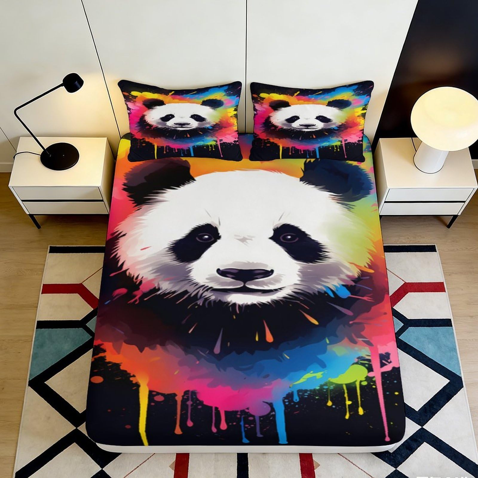 3D Printed Colorful Panda Fitted Sheet Microfiber Soft Breathable Rainbow Animal Bed Cover for Bedroom Dormitory Guest Room Mattress Protection Decor 180x200x25cm